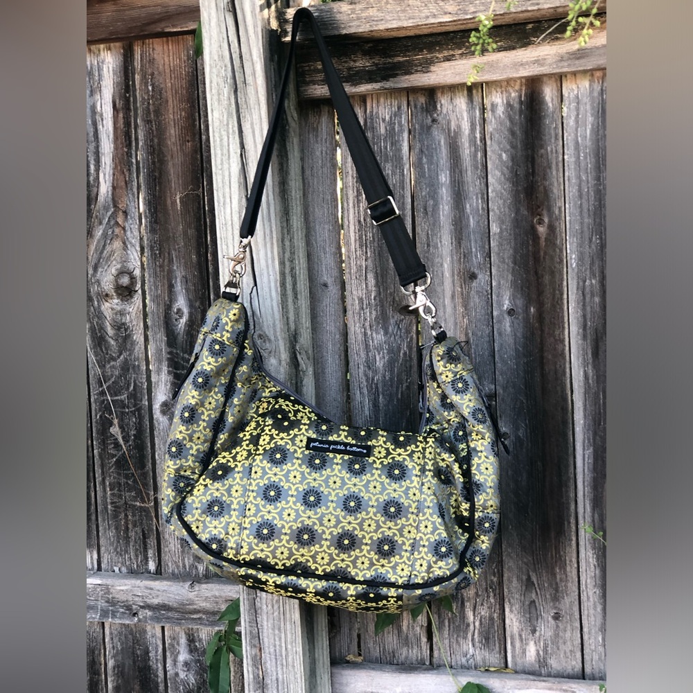 Diaper Bag in an elaborate pattern gold/olive/black silver hardware